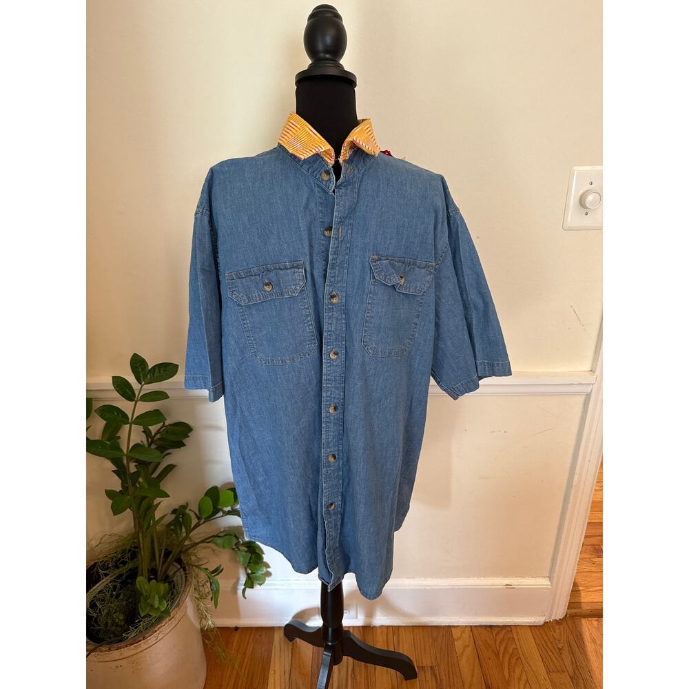 Vintage Wrangler short sleeve button up stretch jeans shirt‎ retro yellow XL wow